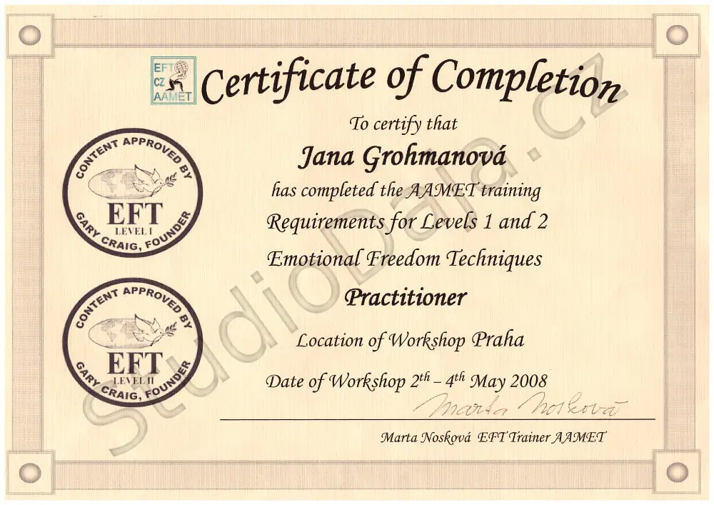 Certifikát EFT — Jana Grohmanová